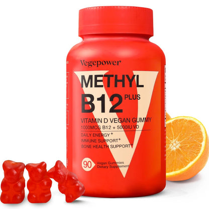 VEGEPOWER Vitamin B12 D3 Vegan Gummies – 90 Stück | 1000 µg Methyl-B12 & 5000 IE Vitamin D Gummibärchen für Erwachsene & Kinder – Immunsystem & tägliche Energie – Ohne Gelatine, Orange
