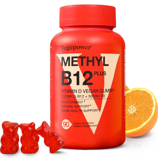 VEGEPOWER Vitamin B12 D3 Vegan Gummies – 90 Stück | 1000 µg Methyl-B12 & 5000 IE Vitamin D Gummibärchen für Erwachsene & Kinder – Immunsystem & tägliche Energie – Ohne Gelatine, Orange