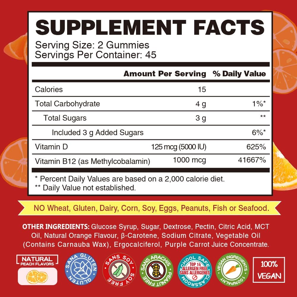 VEGEPOWER Vitamin B12 D3 Vegan Gummies – 90 Stück | 1000 µg Methyl-B12 & 5000 IE Vitamin D Gummibärchen für Erwachsene & Kinder – Immunsystem & tägliche Energie – Ohne Gelatine, Orange
