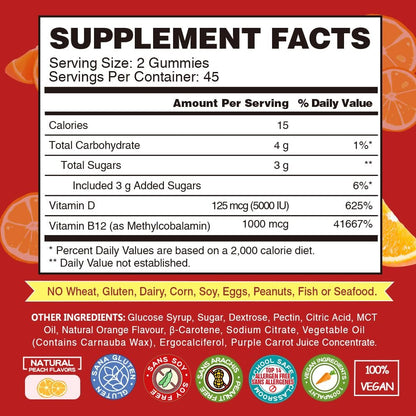 VEGEPOWER Vitamin B12 D3 Vegan Gummies – 90 Stück | 1000 µg Methyl-B12 & 5000 IE Vitamin D Gummibärchen für Erwachsene & Kinder – Immunsystem & tägliche Energie – Ohne Gelatine, Orange