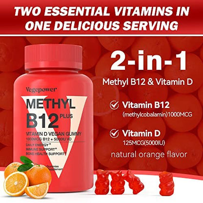 VEGEPOWER Vitamin B12 D3 Vegan Gummies – 90 Stück | 1000 µg Methyl-B12 & 5000 IE Vitamin D Gummibärchen für Erwachsene & Kinder – Immunsystem & tägliche Energie – Ohne Gelatine, Orange