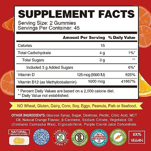 VEGEPOWER Vitamin B12 D3 Vegan Gummies – 90 Stück | 1000 µg Methyl-B12 & 5000 IE Vitamin D Gummibärchen für Erwachsene & Kinder – Immunsystem & tägliche Energie – Ohne Gelatine, Orange