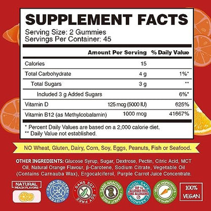 VEGEPOWER Vitamin B12 D3 Vegan Gummies – 90 Stück | 1000 µg Methyl-B12 & 5000 IE Vitamin D Gummibärchen für Erwachsene & Kinder – Immunsystem & tägliche Energie – Ohne Gelatine, Orange