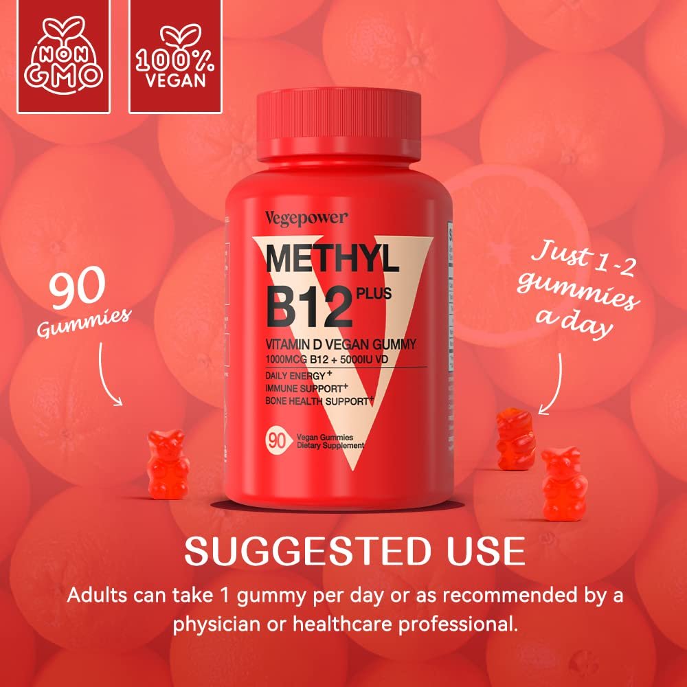 VEGEPOWER Vitamin B12 D3 Vegan Gummies – 90 Stück | 1000 µg Methyl-B12 & 5000 IE Vitamin D Gummibärchen für Erwachsene & Kinder – Immunsystem & tägliche Energie – Ohne Gelatine, Orange