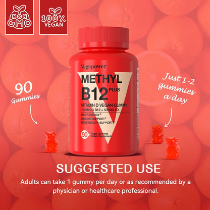 VEGEPOWER Vitamin B12 D3 Vegan Gummies – 90 Stück | 1000 µg Methyl-B12 & 5000 IE Vitamin D Gummibärchen für Erwachsene & Kinder – Immunsystem & tägliche Energie – Ohne Gelatine, Orange