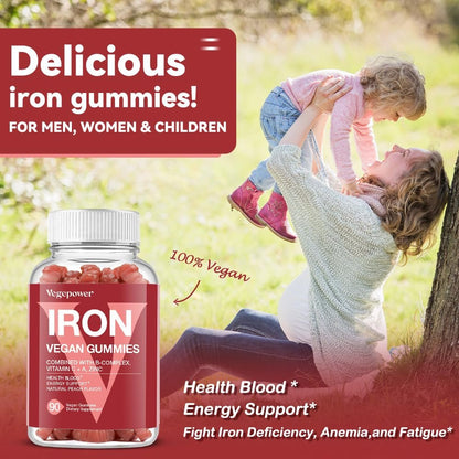 Vegane Eisen Gummis Supplement - mit Vitamin C, A, B-Komplex, Folsäure, Zink für Erwachsene & Kinder - gesundes Blut & Energie für Eisenmangel, Anämie, kein Nachgeschmack - Pfirsichgeschmack (90 Stück)