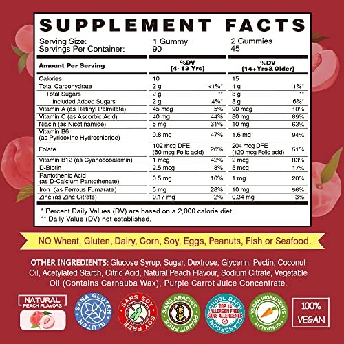 Vegane Eisen Gummis Supplement - mit Vitamin C, A, B-Komplex, Folsäure, Zink für Erwachsene & Kinder - gesundes Blut & Energie für Eisenmangel, Anämie, kein Nachgeschmack - Pfirsichgeschmack (90 Stück)