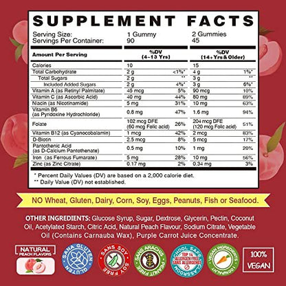 Vegane Eisen Gummis Supplement - mit Vitamin C, A, B-Komplex, Folsäure, Zink für Erwachsene & Kinder - gesundes Blut & Energie für Eisenmangel, Anämie, kein Nachgeschmack - Pfirsichgeschmack (90 Stück)