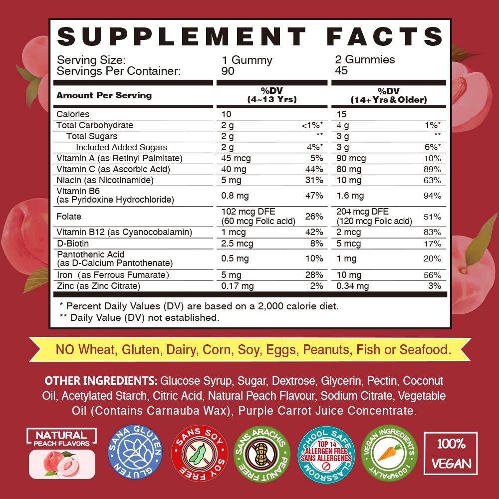 Vegane Eisen Gummis Supplement - mit Vitamin C, A, B-Komplex, Folsäure, Zink für Erwachsene & Kinder - gesundes Blut & Energie für Eisenmangel, Anämie, kein Nachgeschmack - Pfirsichgeschmack (90 Stück)