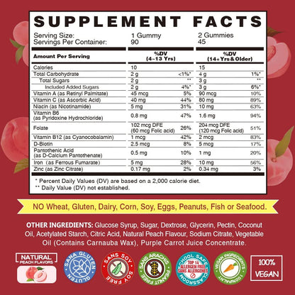 Vegane Eisen Gummis Supplement - mit Vitamin C, A, B-Komplex, Folsäure, Zink für Erwachsene & Kinder - gesundes Blut & Energie für Eisenmangel, Anämie, kein Nachgeschmack - Pfirsichgeschmack (90 Stück)