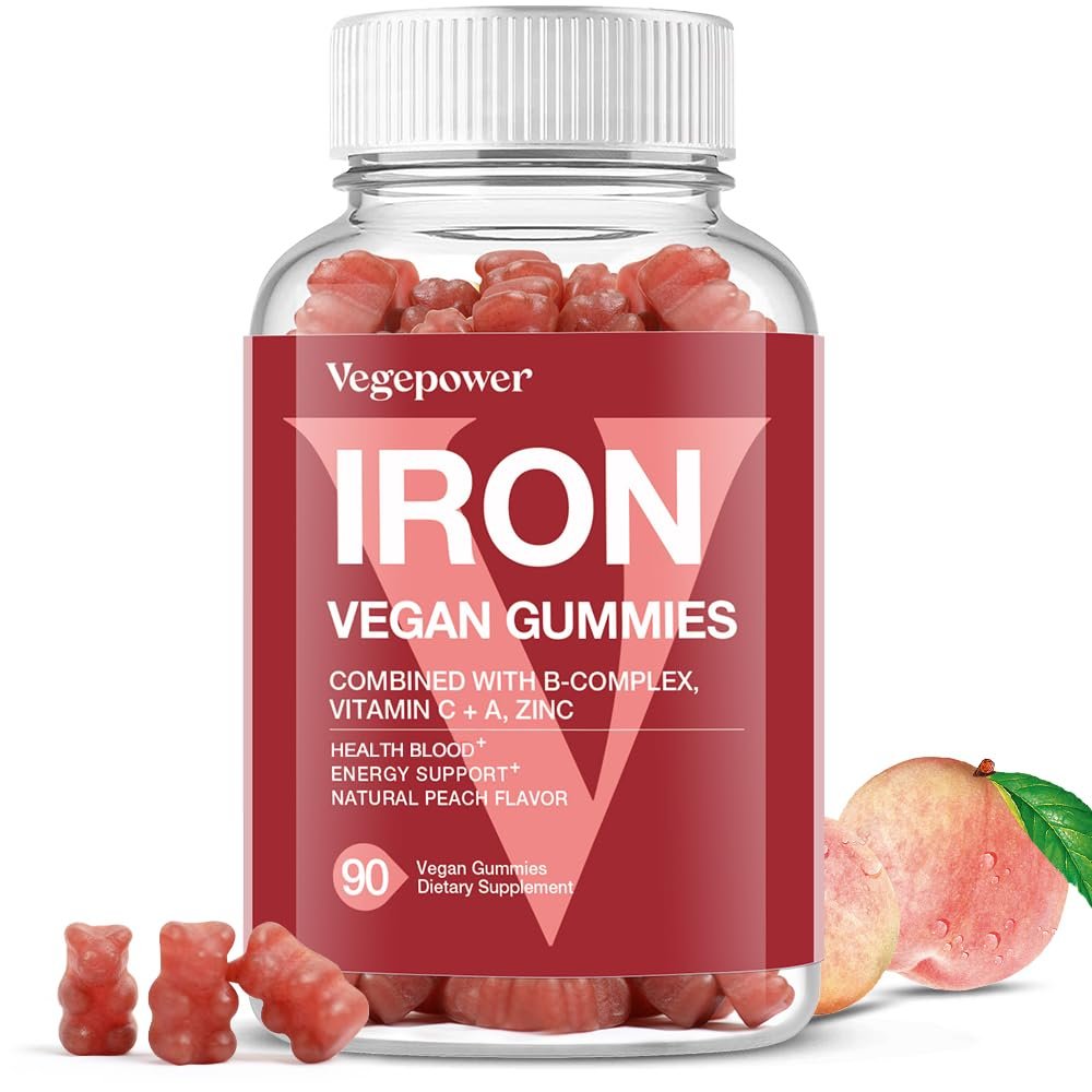 Vegane Eisen Gummis Supplement - mit Vitamin C, A, B-Komplex, Folsäure, Zink für Erwachsene & Kinder - gesundes Blut & Energie für Eisenmangel, Anämie, kein Nachgeschmack - Pfirsichgeschmack (90 Stück)