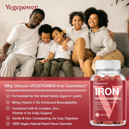 Vegane Eisen Gummis Supplement - mit Vitamin C, A, B-Komplex, Folsäure, Zink für Erwachsene & Kinder - gesundes Blut & Energie für Eisenmangel, Anämie, kein Nachgeschmack - Pfirsichgeschmack (90 Stück)