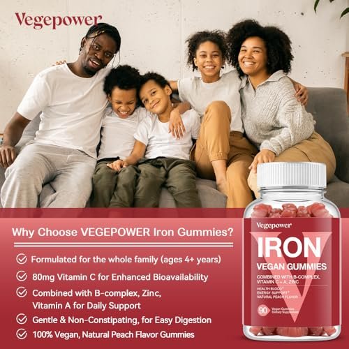 Vegane Eisen Gummis Supplement - mit Vitamin C, A, B-Komplex, Folsäure, Zink für Erwachsene & Kinder - gesundes Blut & Energie für Eisenmangel, Anämie, kein Nachgeschmack - Pfirsichgeschmack (90 Stück)