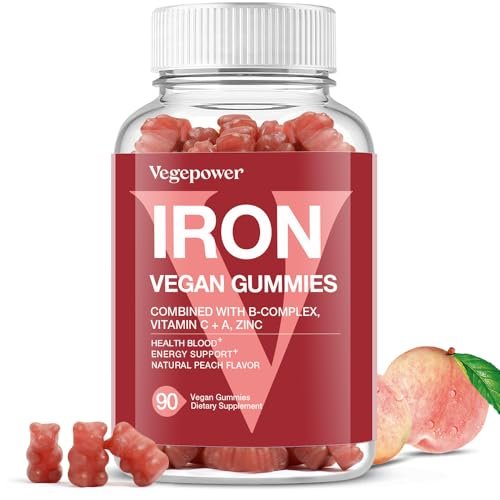 Vegane Eisen Gummis Supplement - mit Vitamin C, A, B-Komplex, Folsäure, Zink für Erwachsene & Kinder - gesundes Blut & Energie für Eisenmangel, Anämie, kein Nachgeschmack - Pfirsichgeschmack (90 Stück)