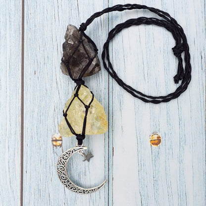 BOHO GARDEN Hängender Auto-Charm – Rauchquarz & Citrin – Anhänger mit Mond, Heilende Kristall-Accessoires, Rückspiegel-Dekoration – Erdung, Reinigung, Schutz, Freude, Fülle, Klarheit, Energie