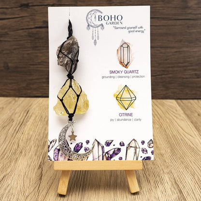 BOHO GARDEN Hängender Auto-Charm – Rauchquarz & Citrin – Anhänger mit Mond, Heilende Kristall-Accessoires, Rückspiegel-Dekoration – Erdung, Reinigung, Schutz, Freude, Fülle, Klarheit, Energie