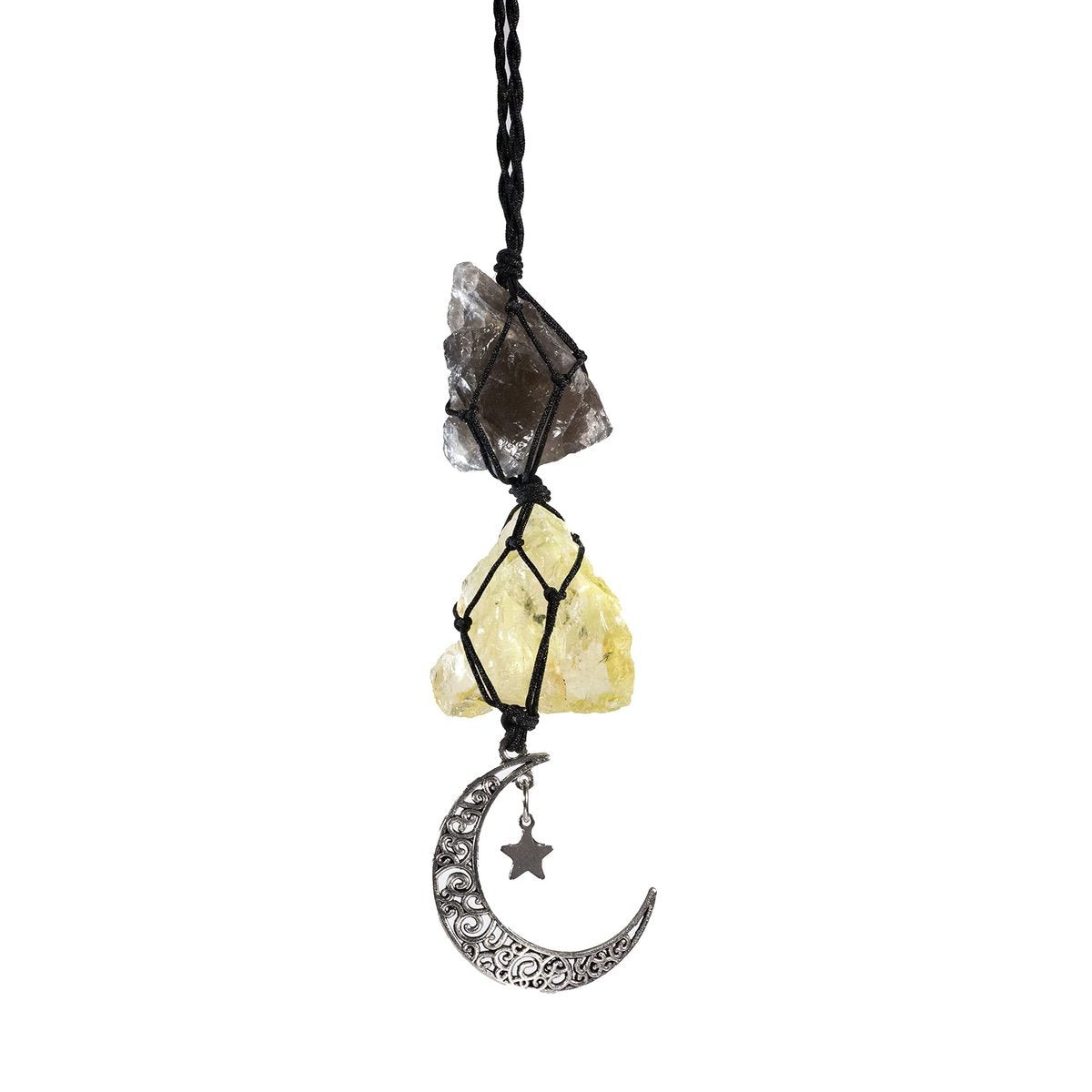 BOHO GARDEN Hängender Auto-Charm – Rauchquarz & Citrin – Anhänger mit Mond, Heilende Kristall-Accessoires, Rückspiegel-Dekoration – Erdung, Reinigung, Schutz, Freude, Fülle, Klarheit, Energie