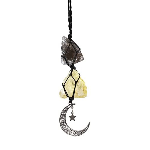 BOHO GARDEN Hängender Auto-Charm – Rauchquarz & Citrin – Anhänger mit Mond, Heilende Kristall-Accessoires, Rückspiegel-Dekoration – Erdung, Reinigung, Schutz, Freude, Fülle, Klarheit, Energie