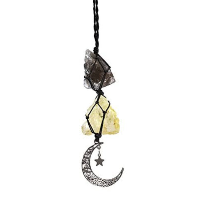 BOHO GARDEN Hängender Auto-Charm – Rauchquarz & Citrin – Anhänger mit Mond, Heilende Kristall-Accessoires, Rückspiegel-Dekoration – Erdung, Reinigung, Schutz, Freude, Fülle, Klarheit, Energie