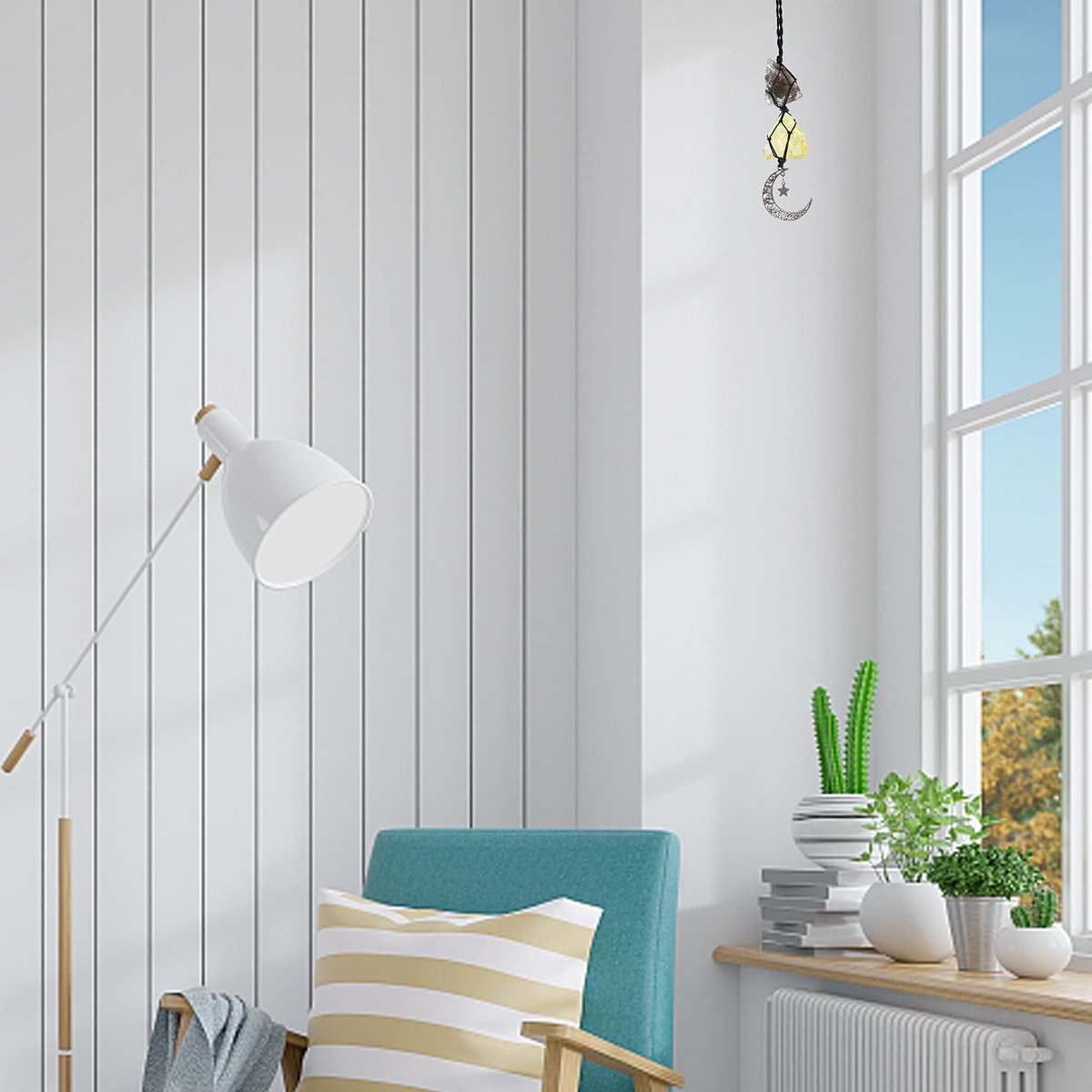BOHO GARDEN Hängender Auto-Charm – Rauchquarz & Citrin – Anhänger mit Mond, Heilende Kristall-Accessoires, Rückspiegel-Dekoration – Erdung, Reinigung, Schutz, Freude, Fülle, Klarheit, Energie