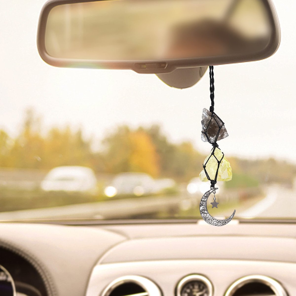 BOHO GARDEN Hängender Auto-Charm – Rauchquarz & Citrin – Anhänger mit Mond, Heilende Kristall-Accessoires, Rückspiegel-Dekoration – Erdung, Reinigung, Schutz, Freude, Fülle, Klarheit, Energie