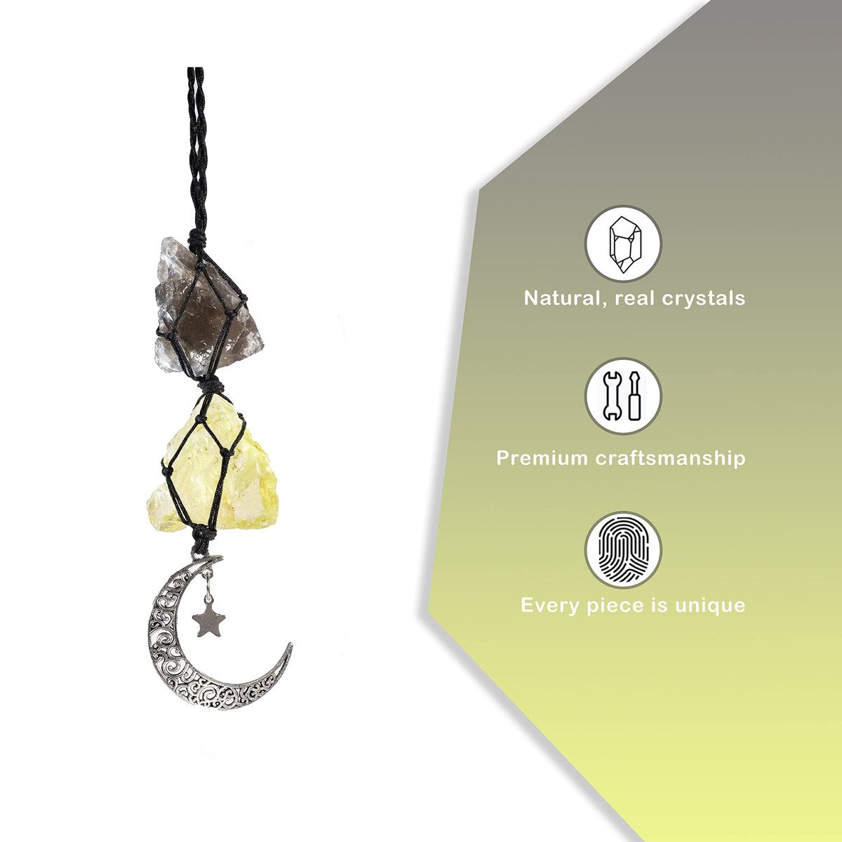 BOHO GARDEN Hängender Auto-Charm – Rauchquarz & Citrin – Anhänger mit Mond, Heilende Kristall-Accessoires, Rückspiegel-Dekoration – Erdung, Reinigung, Schutz, Freude, Fülle, Klarheit, Energie