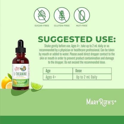 MaryRuth's L-Theanin 200mg flüssige Tropfen – Stimmungsunterstützung für Erwachsene & Kinder, Konzentrationshilfe, natürliche Schlafunterstützung, vegan, non-GMO, glutenfrei, 30 Portionen