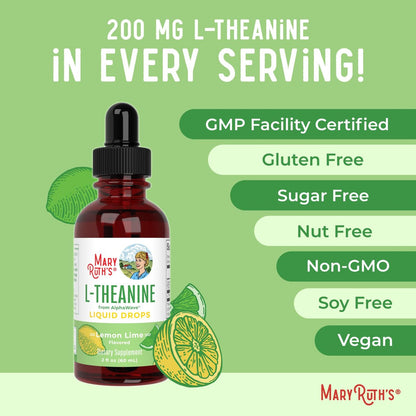 MaryRuth's L-Theanin 200mg flüssige Tropfen – Stimmungsunterstützung für Erwachsene & Kinder, Konzentrationshilfe, natürliche Schlafunterstützung, vegan, non-GMO, glutenfrei, 30 Portionen