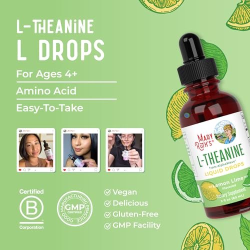 MaryRuth's L-Theanin 200mg flüssige Tropfen – Stimmungsunterstützung für Erwachsene & Kinder, Konzentrationshilfe, natürliche Schlafunterstützung, vegan, non-GMO, glutenfrei, 30 Portionen