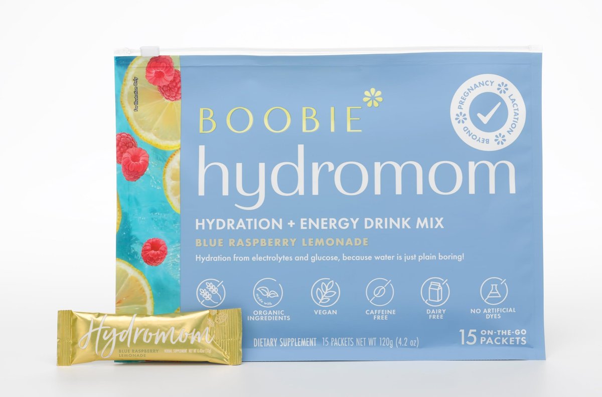 Boobie Hydromom Superfood Elektrolyt-Getränkepulver, Blaubeer-Himbeer-Limonade | Erfrischende Energie & Hydration für Mamas | Praktisch für Schwangerschaft, Stillzeit & mehr, 15 Portionsbeutel