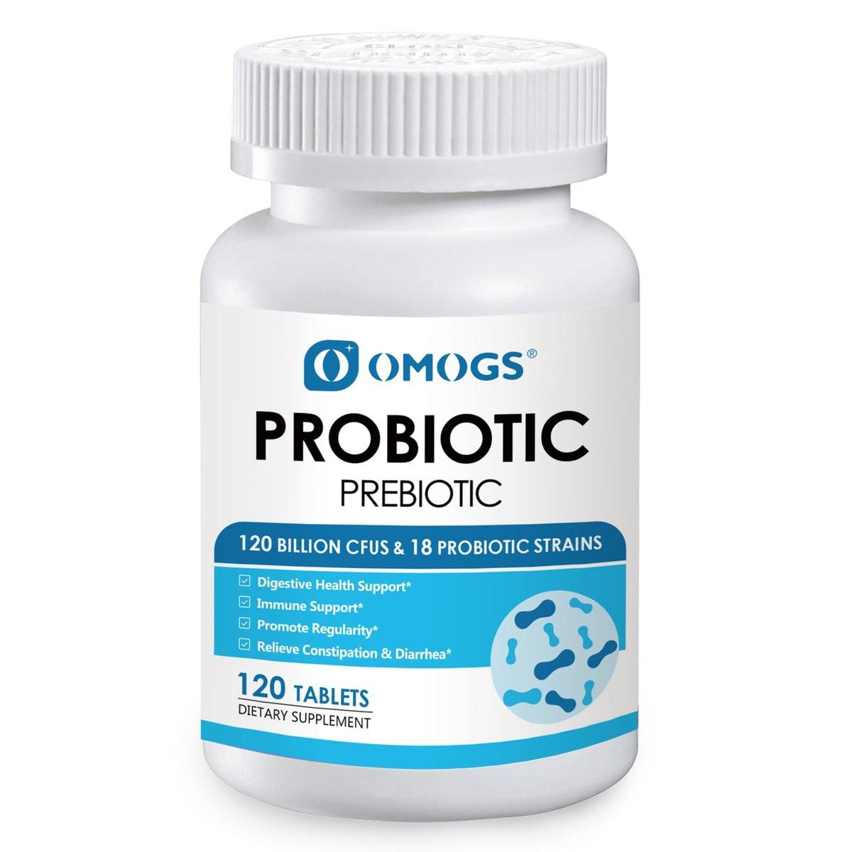 OMOGS Probiotika 120 Milliarden CFU, 18 Stämme, mit 3 organischen Präbiotika & Vitamin C – Nahrungsergänzungsmittel für Frauen, Männer & Kinder – Unterstützt Stoffwechsel, Immunsystem & Verdauungsgesundheit, Nicht-GVO, 120 Tabletten