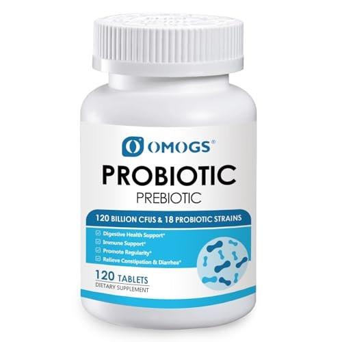 OMOGS Probiotika 120 Milliarden CFU, 18 Stämme, mit 3 organischen Präbiotika & Vitamin C – Nahrungsergänzungsmittel für Frauen, Männer & Kinder – Unterstützt Stoffwechsel, Immunsystem & Verdauungsgesundheit, Nicht-GVO, 120 Tabletten