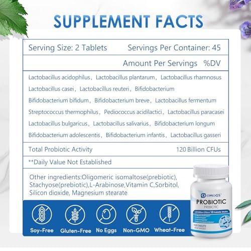 OMOGS Probiotika 120 Milliarden CFU, 18 Stämme, mit 3 organischen Präbiotika & Vitamin C – Nahrungsergänzungsmittel für Frauen, Männer & Kinder – Unterstützt Stoffwechsel, Immunsystem & Verdauungsgesundheit, Nicht-GVO, 120 Tabletten