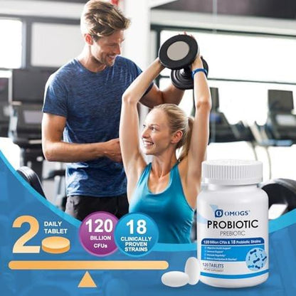 OMOGS Probiotika 120 Milliarden CFU, 18 Stämme, mit 3 organischen Präbiotika & Vitamin C – Nahrungsergänzungsmittel für Frauen, Männer & Kinder – Unterstützt Stoffwechsel, Immunsystem & Verdauungsgesundheit, Nicht-GVO, 120 Tabletten