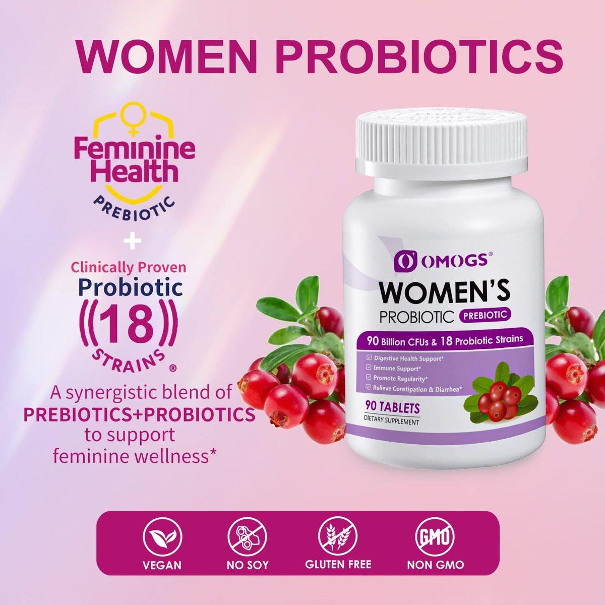OMOGS Frauenprobiotikum mit Cranberry-Extrakt, organischen Präbiotika & Vitamin C, 90 Milliarden KBE, 18 Stämme, Unterstützung für Immun-, Verdauungs- und Frauengesundheit, gluten- & sojafrei, 90 Tabletten