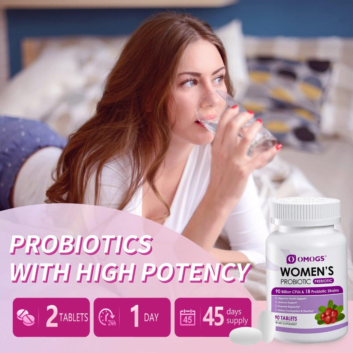 OMOGS Frauenprobiotikum mit Cranberry-Extrakt, organischen Präbiotika & Vitamin C, 90 Milliarden KBE, 18 Stämme, Unterstützung für Immun-, Verdauungs- und Frauengesundheit, gluten- & sojafrei, 90 Tabletten