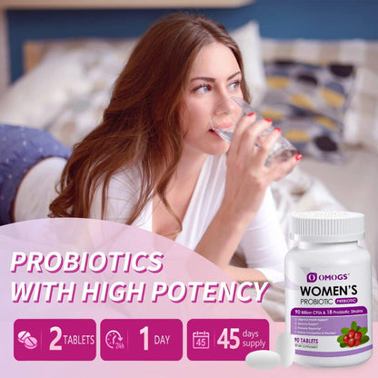 OMOGS Frauenprobiotikum mit Cranberry-Extrakt, organischen Präbiotika & Vitamin C, 90 Milliarden KBE, 18 Stämme, Unterstützung für Immun-, Verdauungs- und Frauengesundheit, gluten- & sojafrei, 90 Tabletten