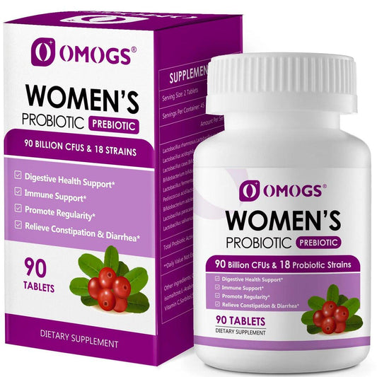 OMOGS Frauenprobiotikum mit Cranberry-Extrakt, organischen Präbiotika & Vitamin C, 90 Milliarden KBE, 18 Stämme, Unterstützung für Immun-, Verdauungs- und Frauengesundheit, gluten- & sojafrei, 90 Tabletten