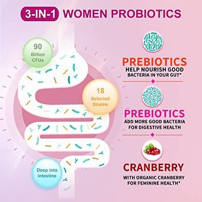 OMOGS Frauenprobiotikum mit Cranberry-Extrakt, organischen Präbiotika & Vitamin C, 90 Milliarden KBE, 18 Stämme, Unterstützung für Immun-, Verdauungs- und Frauengesundheit, gluten- & sojafrei, 90 Tabletten