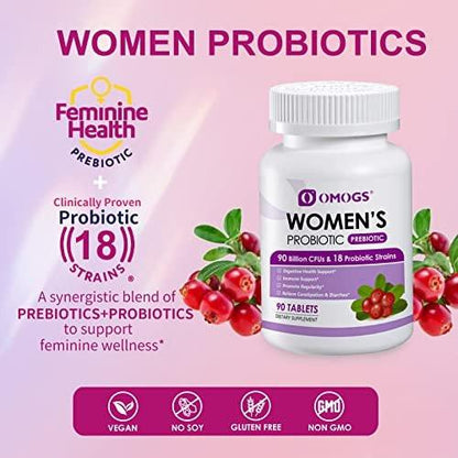 OMOGS Frauenprobiotikum mit Cranberry-Extrakt, organischen Präbiotika & Vitamin C, 90 Milliarden KBE, 18 Stämme, Unterstützung für Immun-, Verdauungs- und Frauengesundheit, gluten- & sojafrei, 90 Tabletten