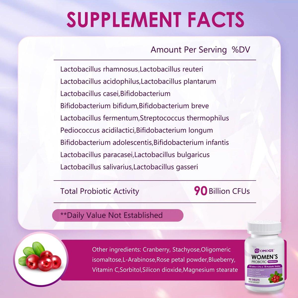 OMOGS Frauenprobiotikum mit Cranberry-Extrakt, organischen Präbiotika & Vitamin C, 90 Milliarden KBE, 18 Stämme, Unterstützung für Immun-, Verdauungs- und Frauengesundheit, gluten- & sojafrei, 90 Tabletten