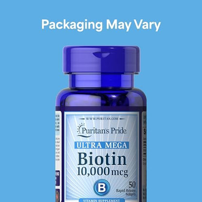 Puritan's Pride Premium Ultra Mega Biotin 10.000 mcg – Nahrungsergänzungsmittel für gesundes Haar, Haut, Nägel und Energie-Stoffwechsel, 100-Tage-Versorgung, 50 Rapid Release Softgels, 2er-Pack