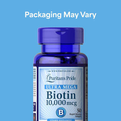 Puritan's Pride Premium Ultra Mega Biotin 10.000 mcg – Nahrungsergänzungsmittel für gesundes Haar, Haut, Nägel und Energie-Stoffwechsel, 100-Tage-Versorgung, 50 Rapid Release Softgels, 2er-Pack