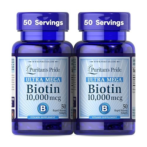 Puritan's Pride Premium Ultra Mega Biotin 10.000 mcg – Nahrungsergänzungsmittel für gesundes Haar, Haut, Nägel und Energie-Stoffwechsel, 100-Tage-Versorgung, 50 Rapid Release Softgels, 2er-Pack