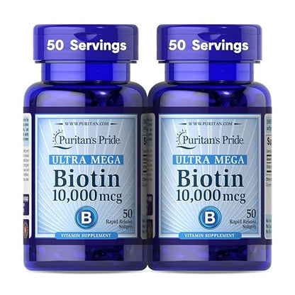 Puritan's Pride Premium Ultra Mega Biotin 10.000 mcg – Nahrungsergänzungsmittel für gesundes Haar, Haut, Nägel und Energie-Stoffwechsel, 100-Tage-Versorgung, 50 Rapid Release Softgels, 2er-Pack