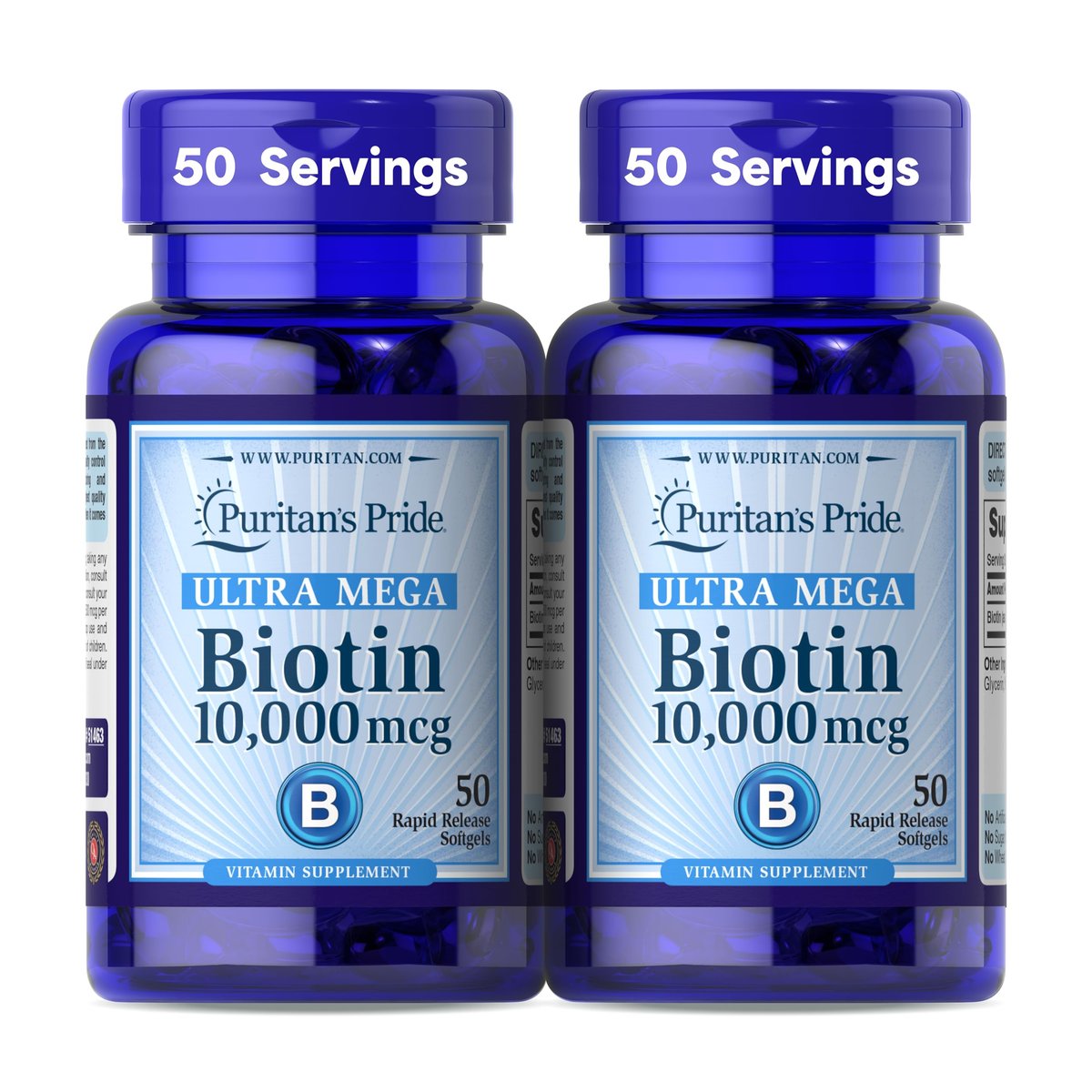 Puritan's Pride Premium Ultra Mega Biotin 10.000 mcg – Nahrungsergänzungsmittel für gesundes Haar, Haut, Nägel und Energie-Stoffwechsel, 100-Tage-Versorgung, 50 Rapid Release Softgels, 2er-Pack