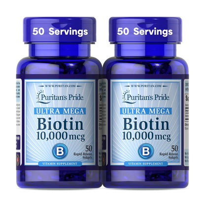 Puritan's Pride Premium Ultra Mega Biotin 10.000 mcg – Nahrungsergänzungsmittel für gesundes Haar, Haut, Nägel und Energie-Stoffwechsel, 100-Tage-Versorgung, 50 Rapid Release Softgels, 2er-Pack