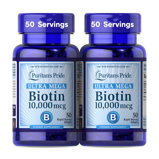 Puritan's Pride Premium Ultra Mega Biotin 10.000 mcg – Nahrungsergänzungsmittel für gesundes Haar, Haut, Nägel und Energie-Stoffwechsel, 100-Tage-Versorgung, 50 Rapid Release Softgels, 2er-Pack