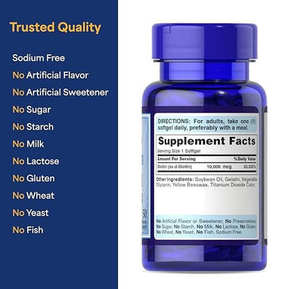 Puritan's Pride Premium Ultra Mega Biotin 10.000 mcg – Nahrungsergänzungsmittel für gesundes Haar, Haut, Nägel und Energie-Stoffwechsel, 100-Tage-Versorgung, 50 Rapid Release Softgels, 2er-Pack