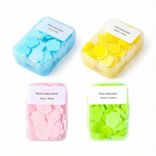 4 verschiedene Düfte Mini Frische Tragbare Einweg-Blütenblatt-Handwaschblätter, Auflösbare Handseife für Kinder und Erwachsene, Outdoor, Reisen, Camping, 4 Boxen (ca. 400 Blätter)